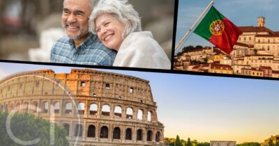A smiling retired couple with views of Portugal and Italy, highlighting ideal European destinations for retirement, residency, and second citizenship programs.