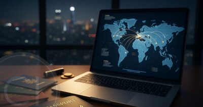 Global mobility map displayed on laptop with multiple passports on desk at night