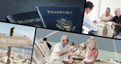 Collage representing retirement planning through citizenship by investment, featuring passports, financial consultation, and senior lifestyle abroad