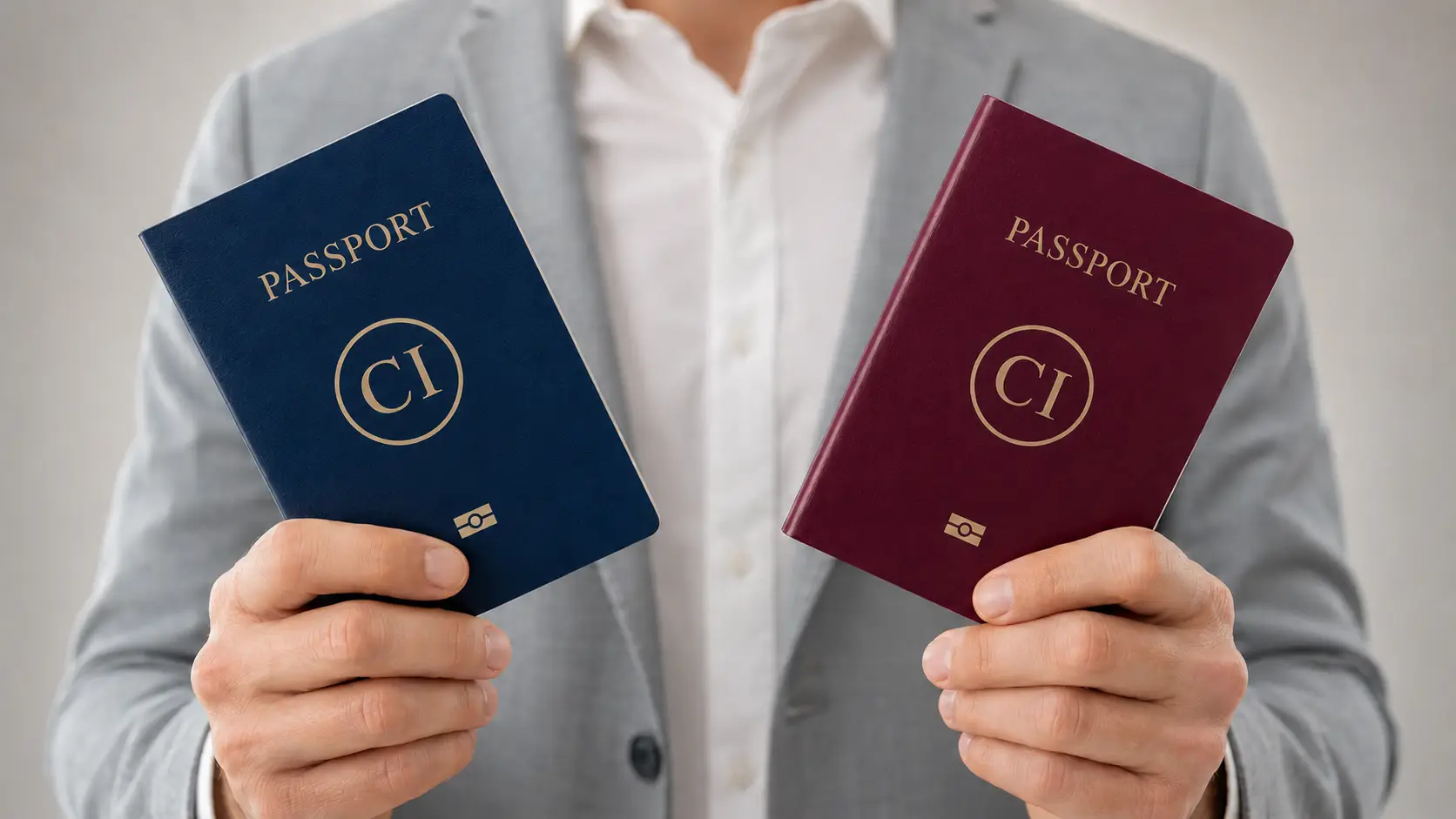 Medium close-up of a person wearing a white shirt and light gray suit jacket holding two passports toward the camera. In their right hand is a navy blue passport and in their left hand is a burgundy passport. Both covers display the word "PASSPORT" at the top and a gold circular emblem containing the letters "CI" in the center.