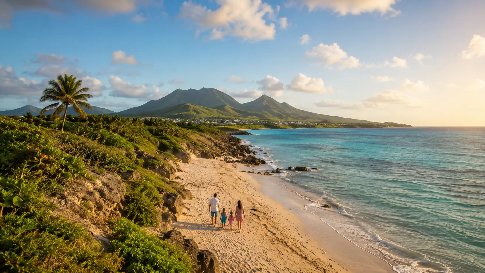 A wide high-angle shot of a scenic tropical coastline featuring a family of four—a man, a woman, and two young children—walking together along a sandy beach. Lush green vegetation and a tall palm tree border the rocky shore on the left, while clear, turquoise ocean waves gently lap against the sand on the right. In the background, green volcanic mountains rise under a warm, sunlit sky with scattered clouds.